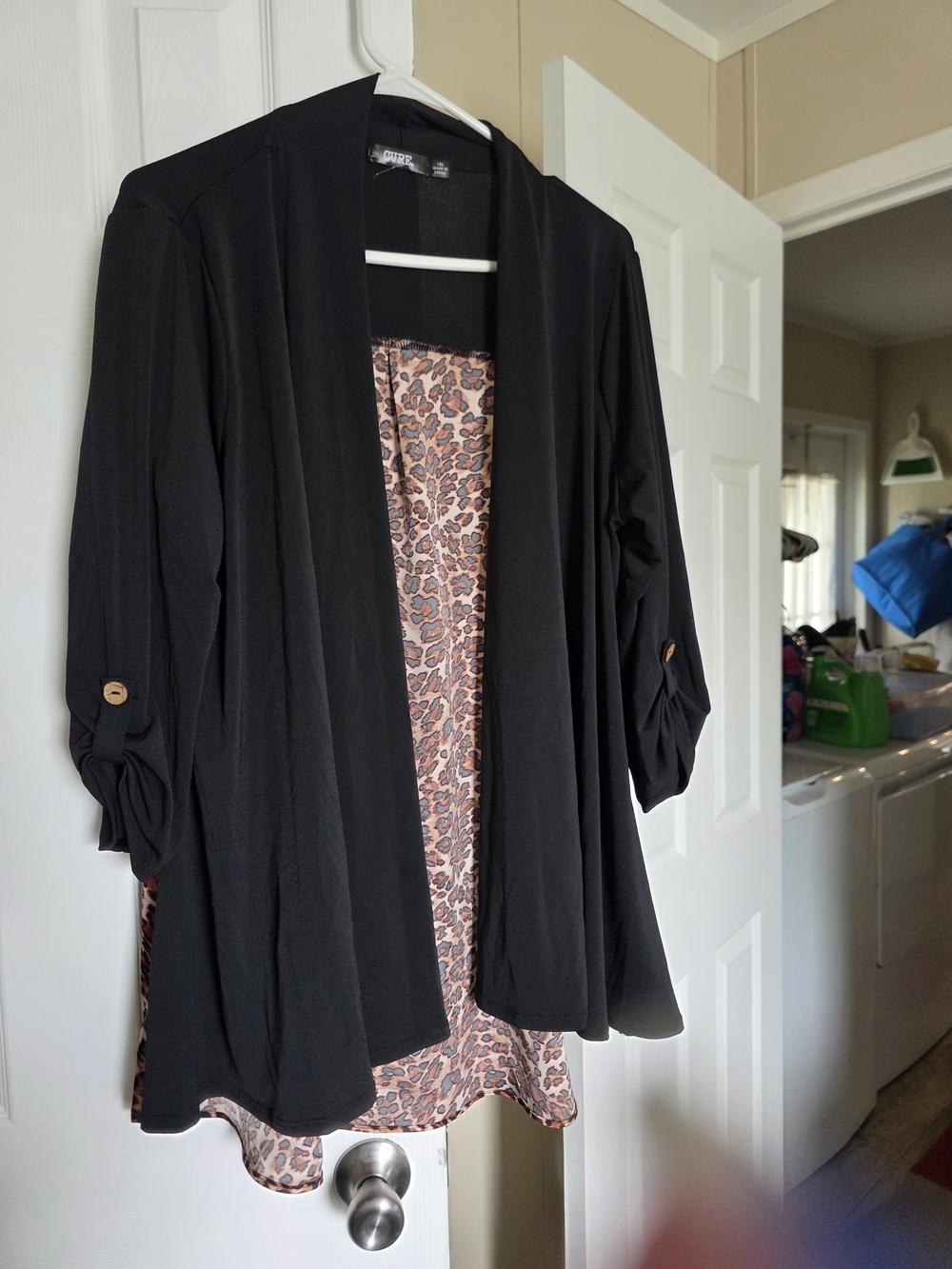 Black Open-Front Cardigan with Leopard Slip Dress